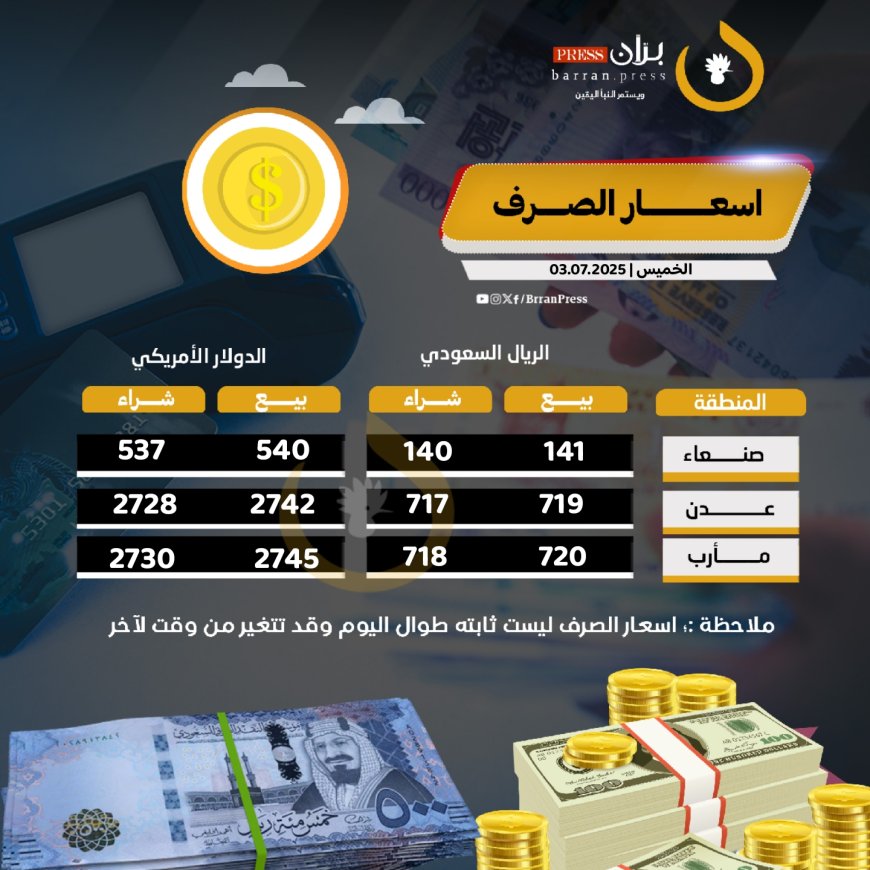 أسعار صرف الريال اليمني مقابل السعودي والدولار في صنعاء وعدن ومأرب اليوم الخميس 3 يوليو 2025م